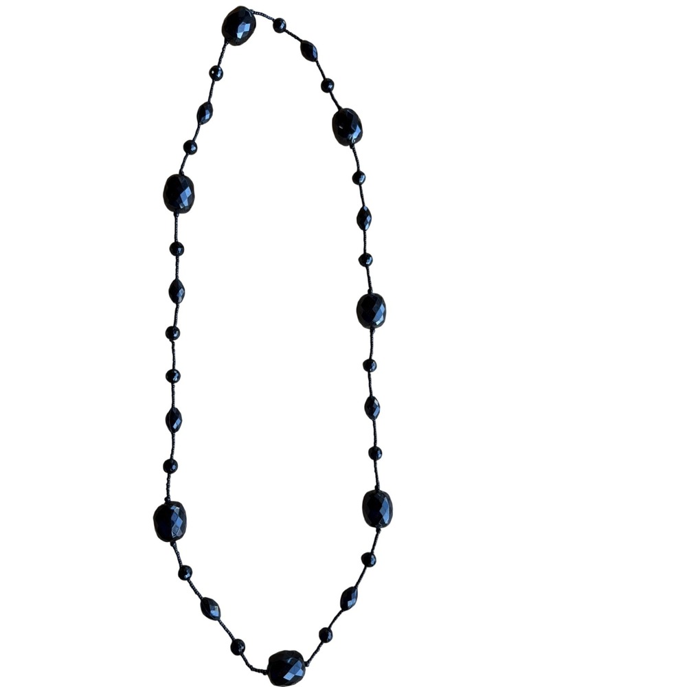 Long Black Faceted Bead Necklace Opera Length Statement Strand Goth Chic